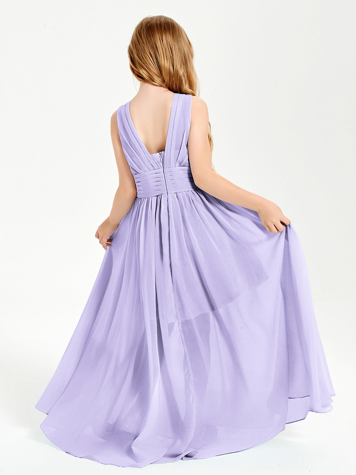 Long V-neck Junior Bridesmaid Dresses Lilac